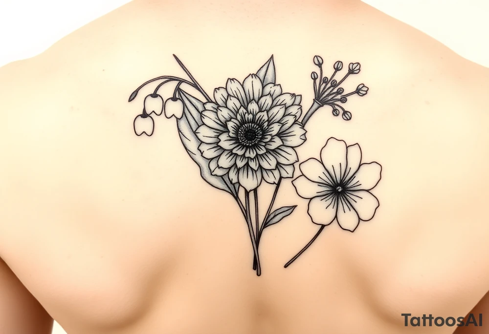 lily of the valley, marigold, and chrysanthemum tattoo idea