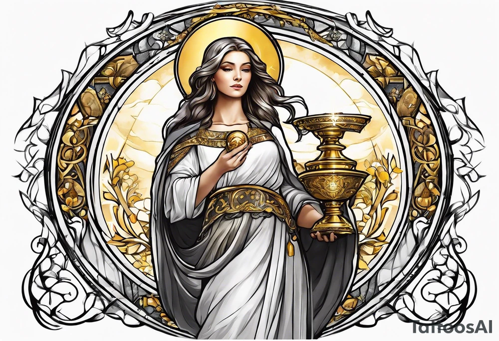 woman saint holding chalice surrounded by golden halo sideways tattoo idea
