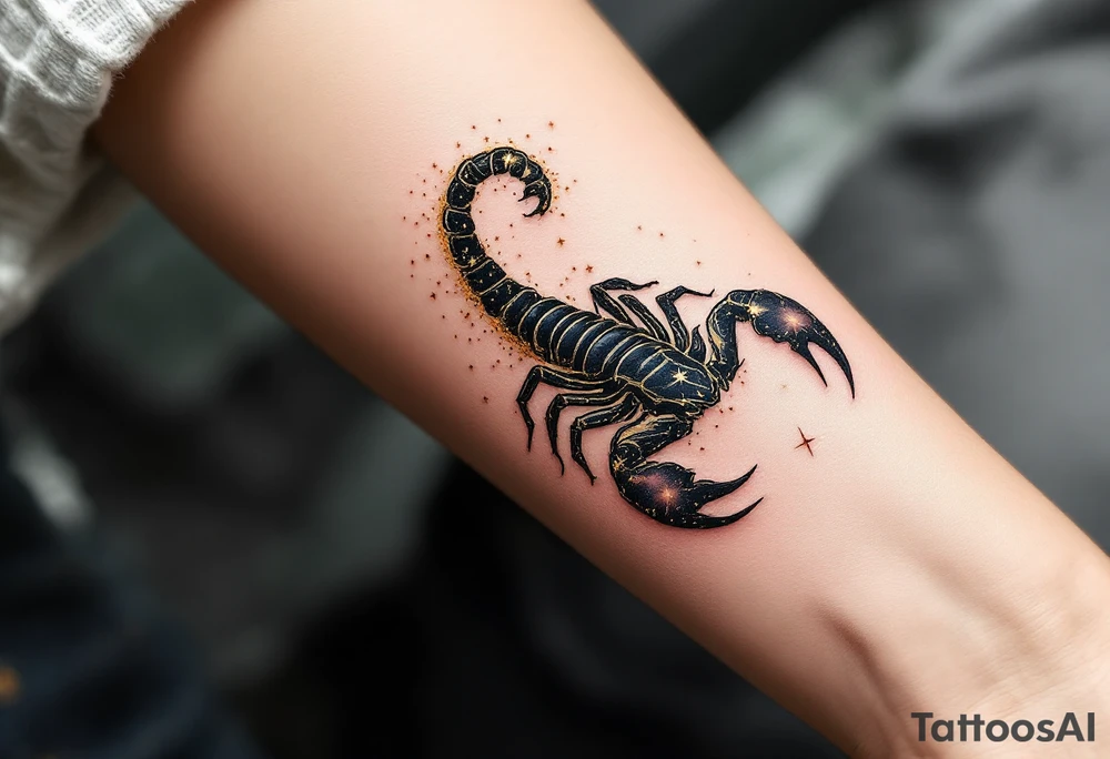 The starlit scorpion arches in a trail of gold dust, ready to strike with cosmic precision in closure of its star constellation tattoo idea