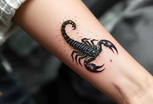 The starlit scorpion arches in a trail of gold dust, ready to strike with cosmic precision in closure of its star constellation tattoo idea