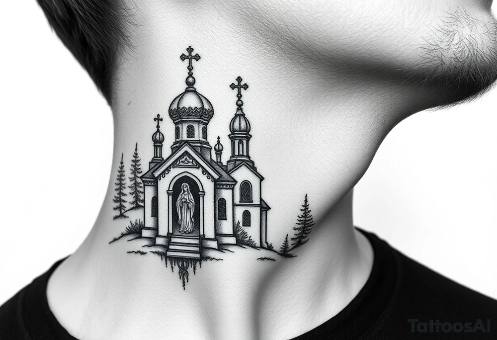 russian design traditional christian orthodox cross with a virgin mary stood beside the entrance of a russian orthodox dome church on the side of the neck in a wilderness setting with the design spread out the side of the neck tattoo idea