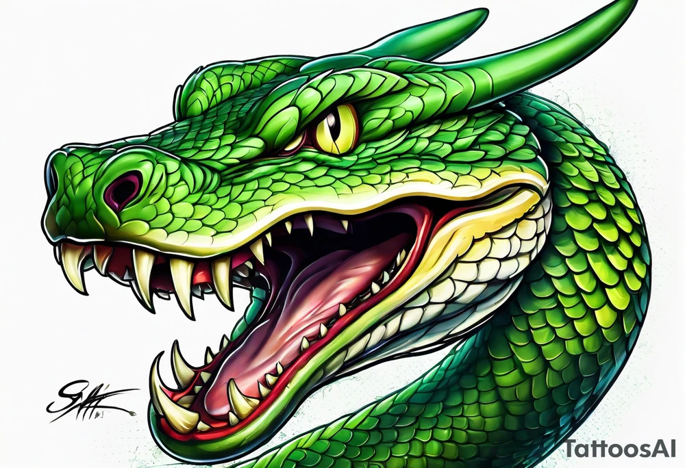 A green viper with mouth open showing fangs tattoo idea
