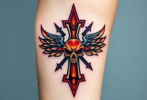 A gothic-style Metallica cross, adorned with sharp edges and dark winged skulls, glowing with fiery gold and dark blood-red shades tattoo idea