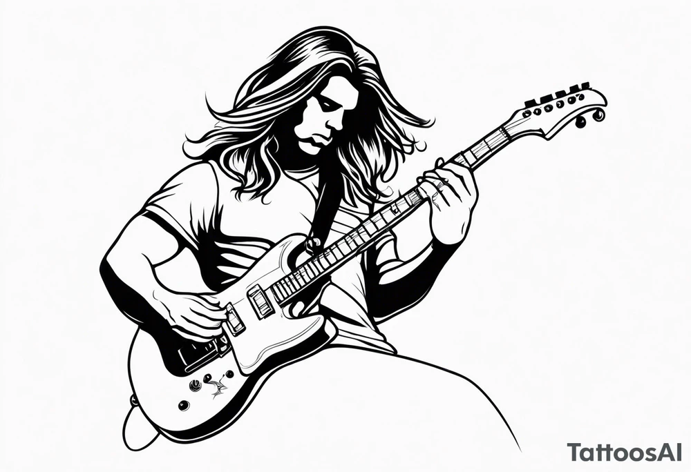 long hair rock star playing electric guitar tattoo idea