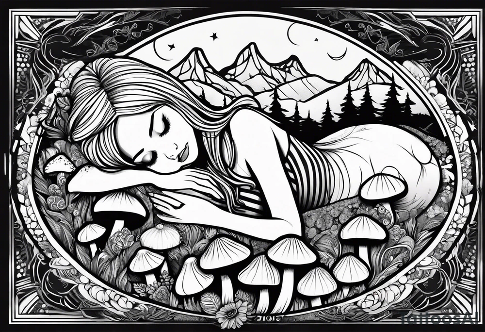 Straight blonde hair girl in black and white striped dress sleeping in a field of mushrooms with mountains s
and crescent moon mandala background tattoo idea