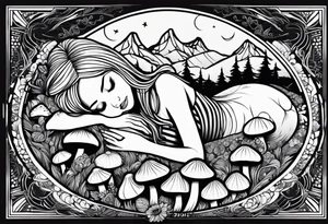 Straight blonde hair girl in black and white striped dress sleeping in a field of mushrooms with mountains s
and crescent moon mandala background tattoo idea