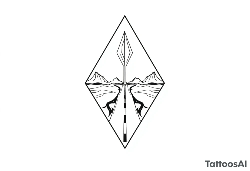 Five roads meet in the center but should be very psychedelic and trippy and should be geometric lines and simple in a triangular shape tattoo idea