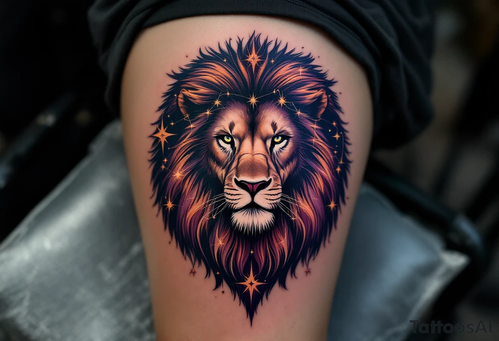 The Leo stars constellation connect across a navy and plum background, surrounding a lion’s silhouette inked in rich mahogany. tattoo idea