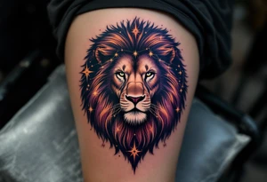 The Leo stars constellation connect across a navy and plum background, surrounding a lion’s silhouette inked in rich mahogany. tattoo idea