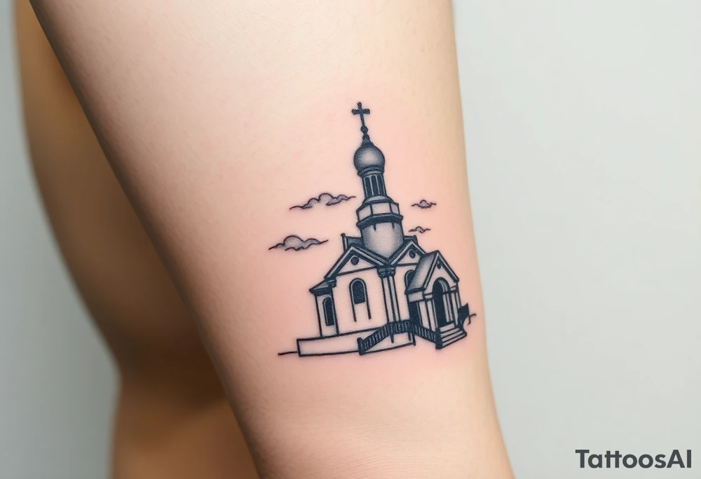 in a dorsal view a smaller sized orthodox church shrouded with a mist above and fading into a virgin mary overlooking tattoo idea