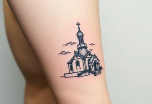 in a dorsal view a smaller sized orthodox church shrouded with a mist above and fading into a virgin mary overlooking tattoo idea