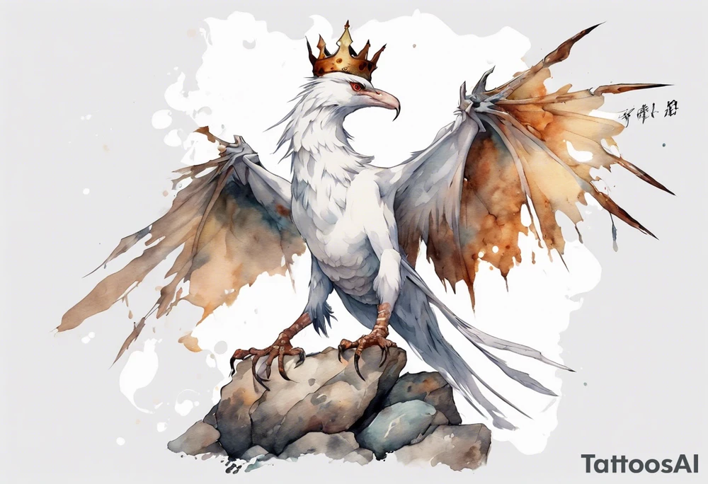 a white bird-wyvern hybrid, wearing a rusted crown, perched on a stone tattoo idea