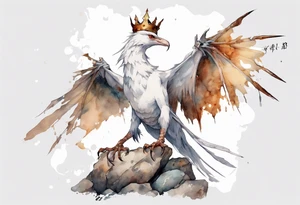 a white bird-wyvern hybrid, wearing a rusted crown, perched on a stone tattoo idea