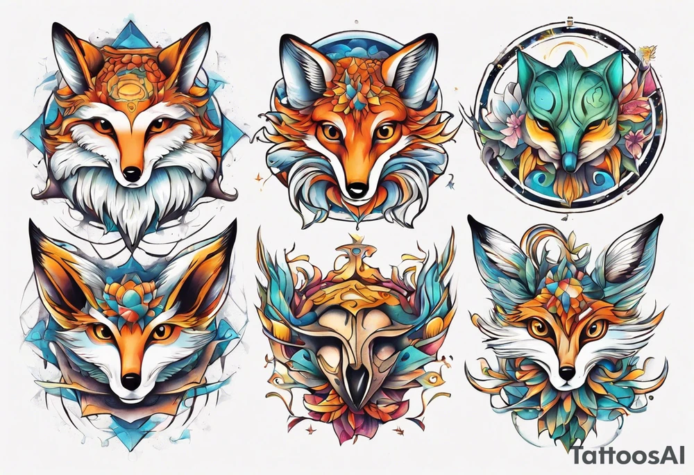 fisch, fuchs und eule , symetrie universum, bunt tattoo idea