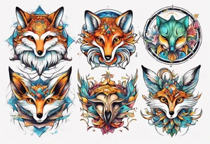 fisch, fuchs und eule , symetrie universum, bunt tattoo idea