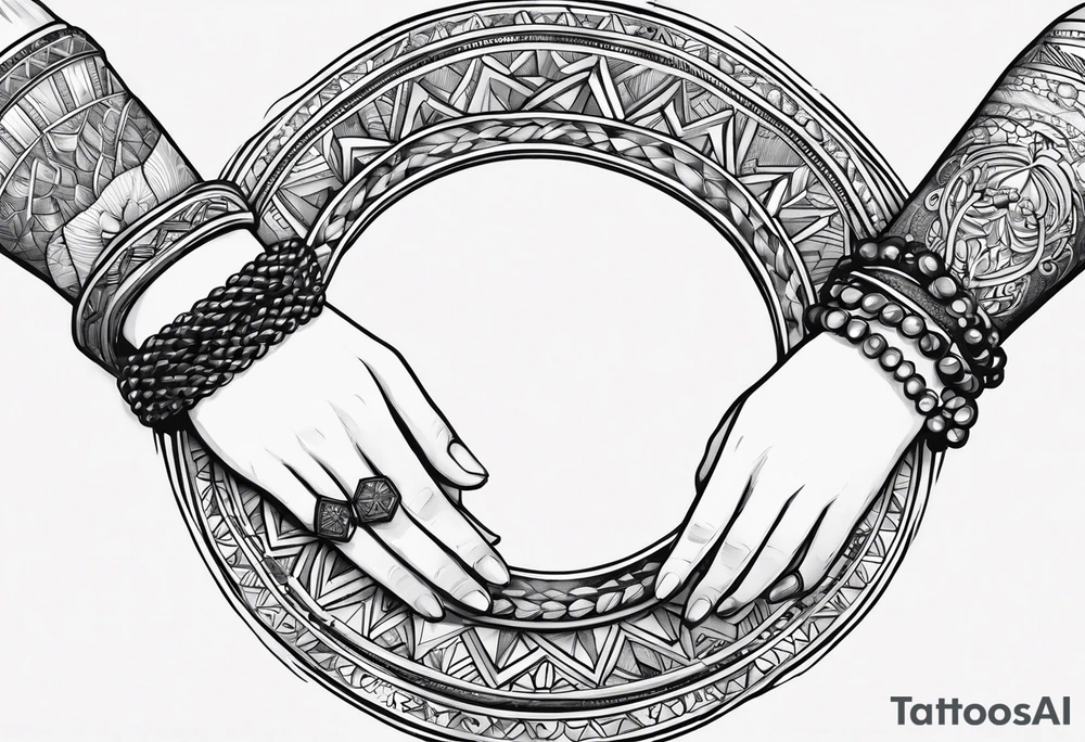 three baby hands and arms holding each other arm in a circle. Each wrist has a bracelet on it, with the names Arabella, Everleigh, and Arayla engraved on plates tattoo idea