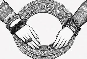 three baby hands and arms holding each other arm in a circle. Each wrist has a bracelet on it, with the names Arabella, Everleigh, and Arayla engraved on plates tattoo idea