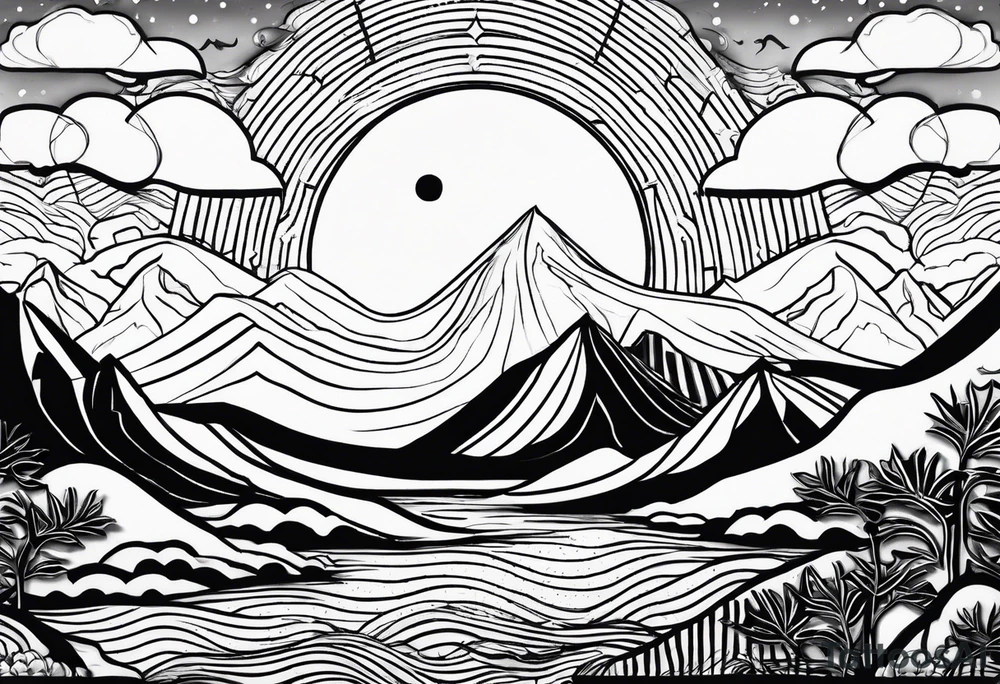 Line art minimalist sun mountain water simple 
Basic tattoo idea