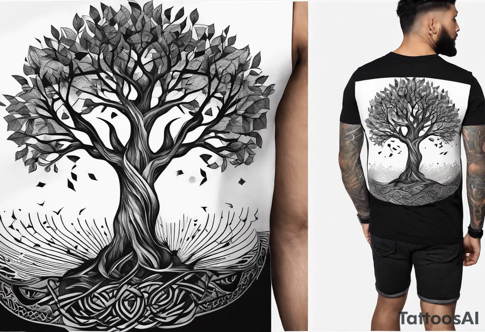 tree of life with long vertical roots
3 line triangles behind tattoo idea