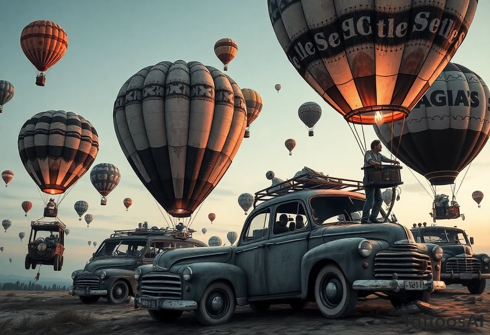 in a very steam punk vibe i want you to make a picture of a bunch of old beat up cars with people lounging in them and garbage and junk all up in and on them, tied to hot air balloons floating in the sky right about dusk and they are as far as the eye can see i want the cars to be floating as if they were the basket to the hot air balloons and the hot air balloons are all different colors and patterns and some are old and patched and i dont want to see the ground at all  i want this to be a scene that is up in the sky with them all floating under the balloons like it is in a dream tattoo idea