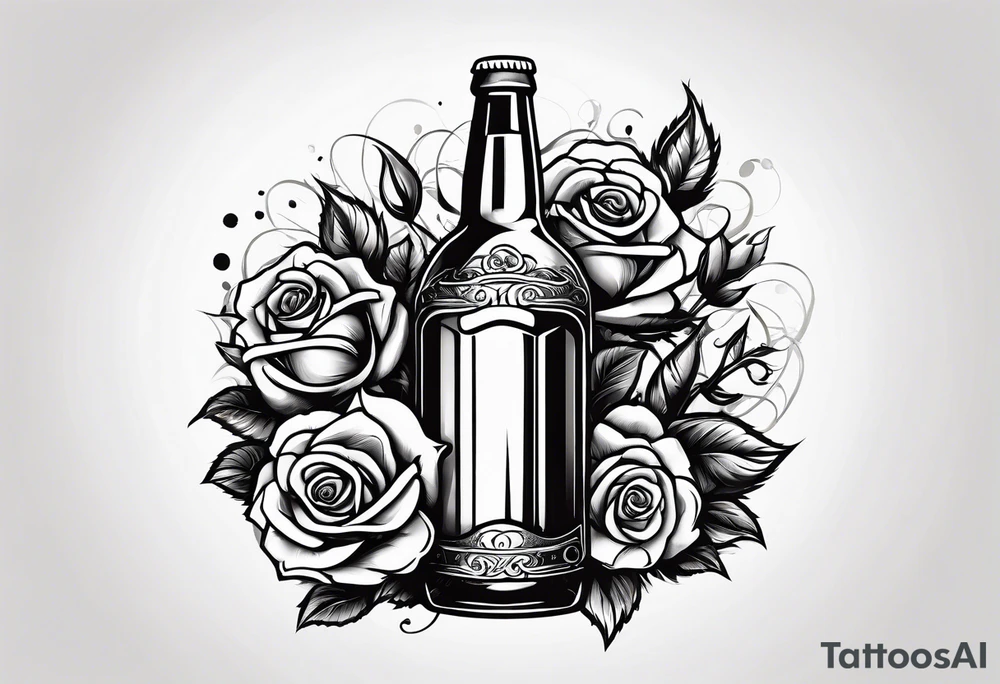 A bottle of beer and a stalk of rose in the bucket tattoo idea