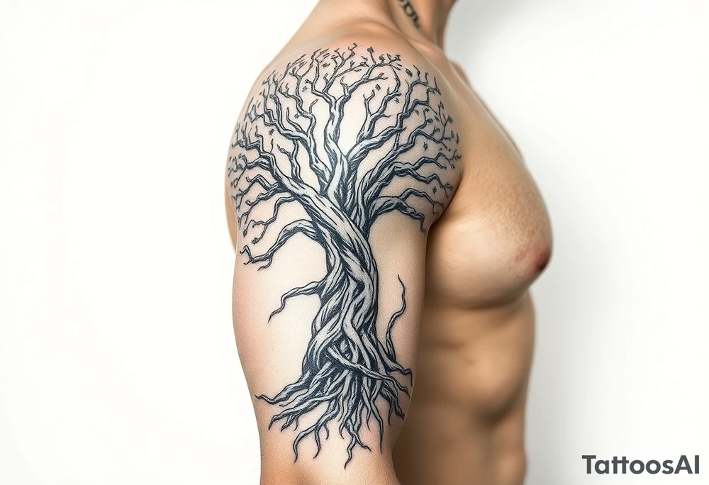 mystical tree of life with cosmic roots and celestial branches tattoo idea