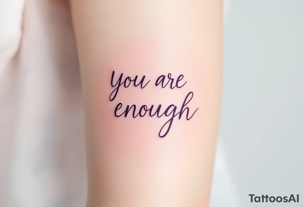 “You are enough” in dusty rose with a faint watercolor background of pastel blues and pinks. tattoo idea