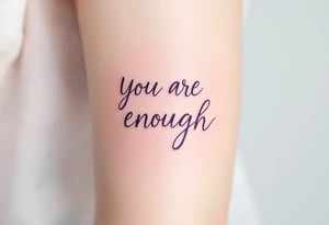 “You are enough” in dusty rose with a faint watercolor background of pastel blues and pinks. tattoo idea