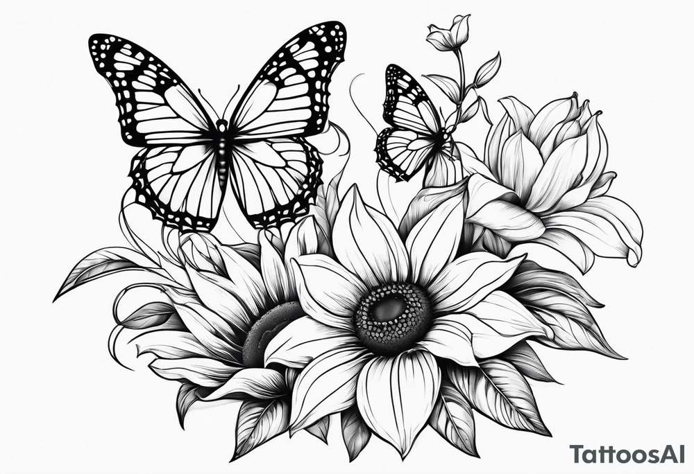 Sunflower and lily with butterflies in a line tattoo idea