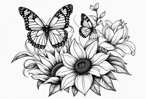 Sunflower and lily with butterflies in a line tattoo idea