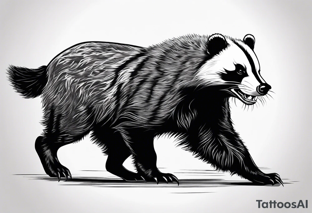 aggressive full and all body and killer face badger/wolverine with cute smile long nails and he attacks like a gladiator tattoo idea