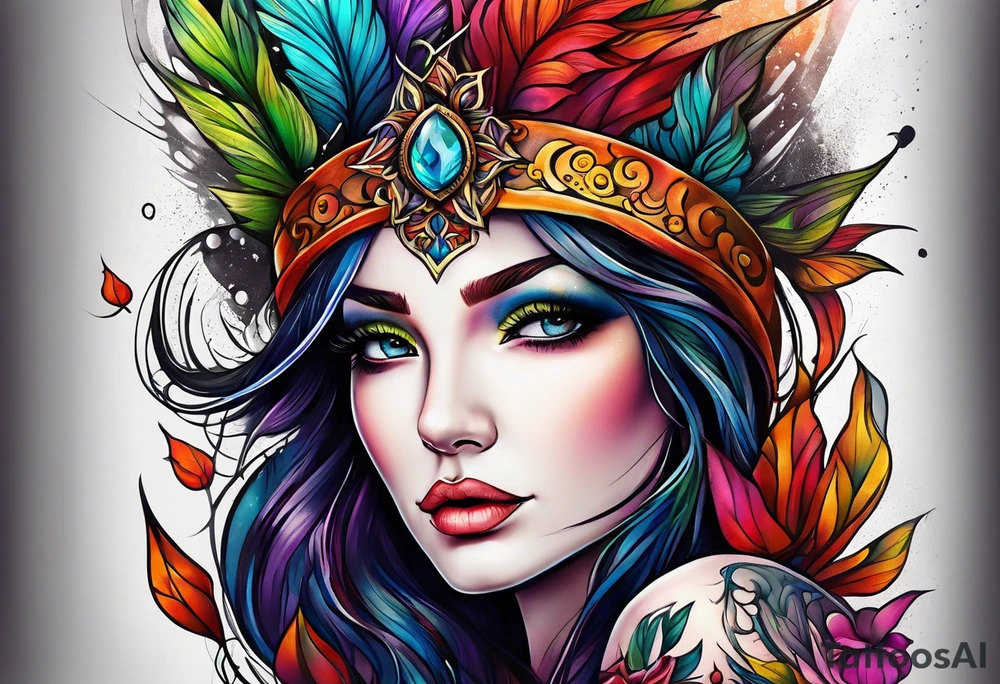 A fairy/witch with a Lot of collors, make It look mystic and really colorful tattoo idea