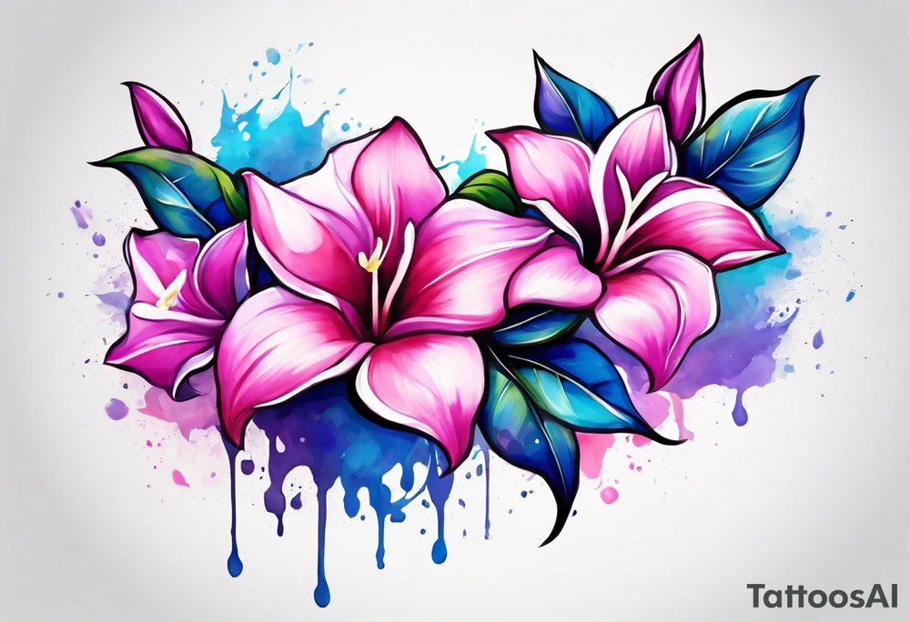 brushstroke abstract pink, purple, and blue mandevilla flowers on a vine, with color leaking out into the background. SOme of the flowers should be full color, and some just linework. It should have a handdrawn, sketch feel. tattoo idea