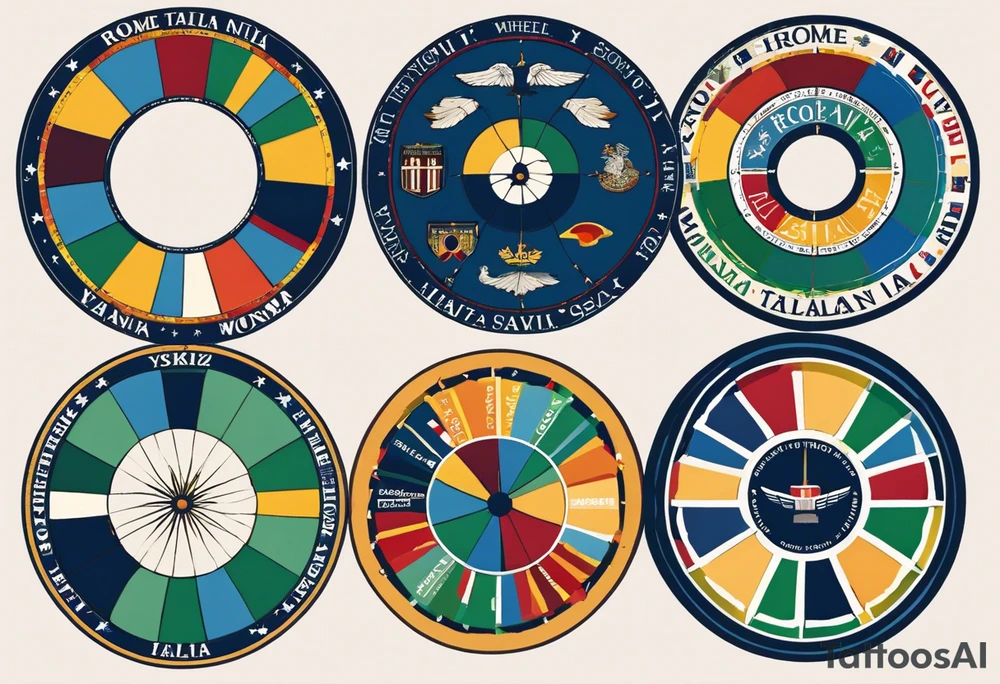 design a wheel with 5 sections. Each section to represent a moment of my life. First section to represent Rome,Italy where I was born. Second section to represent the beginning of my fling career in the Italian Air Force. Think section to represent moving to the United States, Spokane exchacly and continuing flying for Horizon Air. Forth section to include moving to Hawaii and starting a new life style, laid back, growing my own food, taking all the aloha spirit in together with my blondie curly hair partner Ronda . Fifth section to stay empty for the future to come. In the middle of the wheel a combination of American and Italian flag tattoo idea