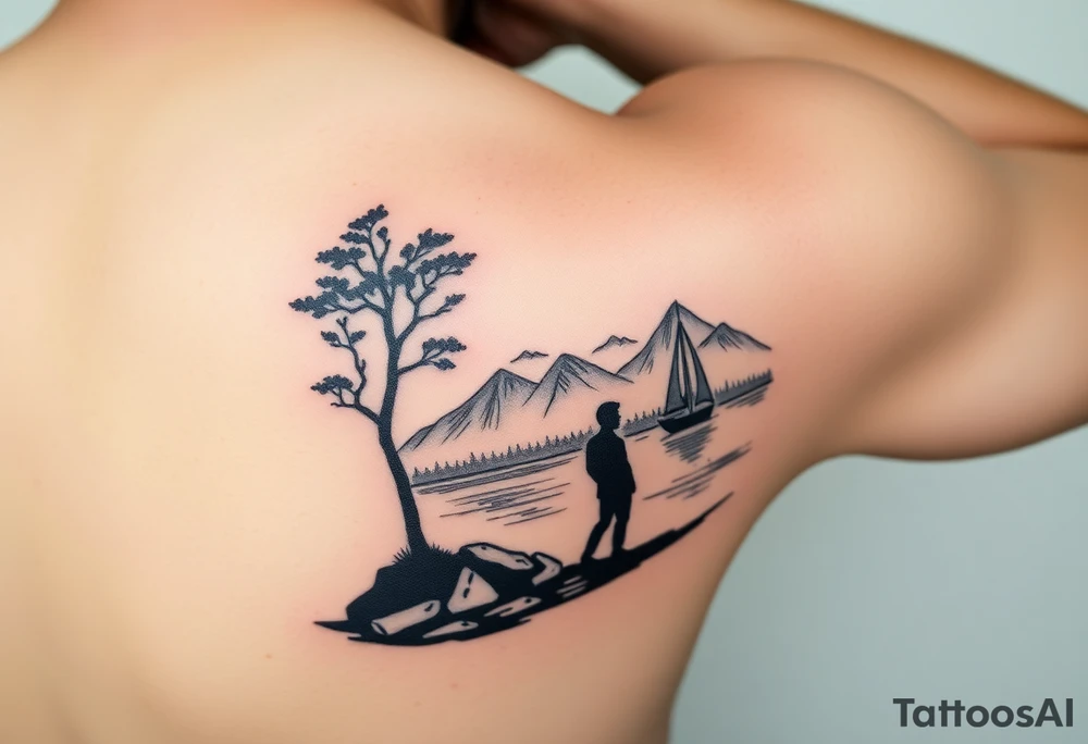 I want a minimalist design that will go on my right bicep, of a man's silhouette of a man on a shoreline, with a tree to his left, looking out at mountains in the distance, and a sailboat in the foreground.  but I want this around the arm, elbow and bicep area tattoo idea