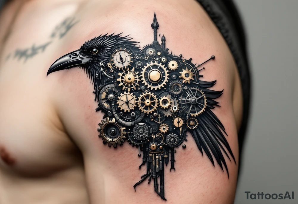 Crow with Clock Gears – A mechanical-inspired crow partially made of gears and clock parts. Black and metallic bronze ink for a steampunk aesthetic. tattoo idea