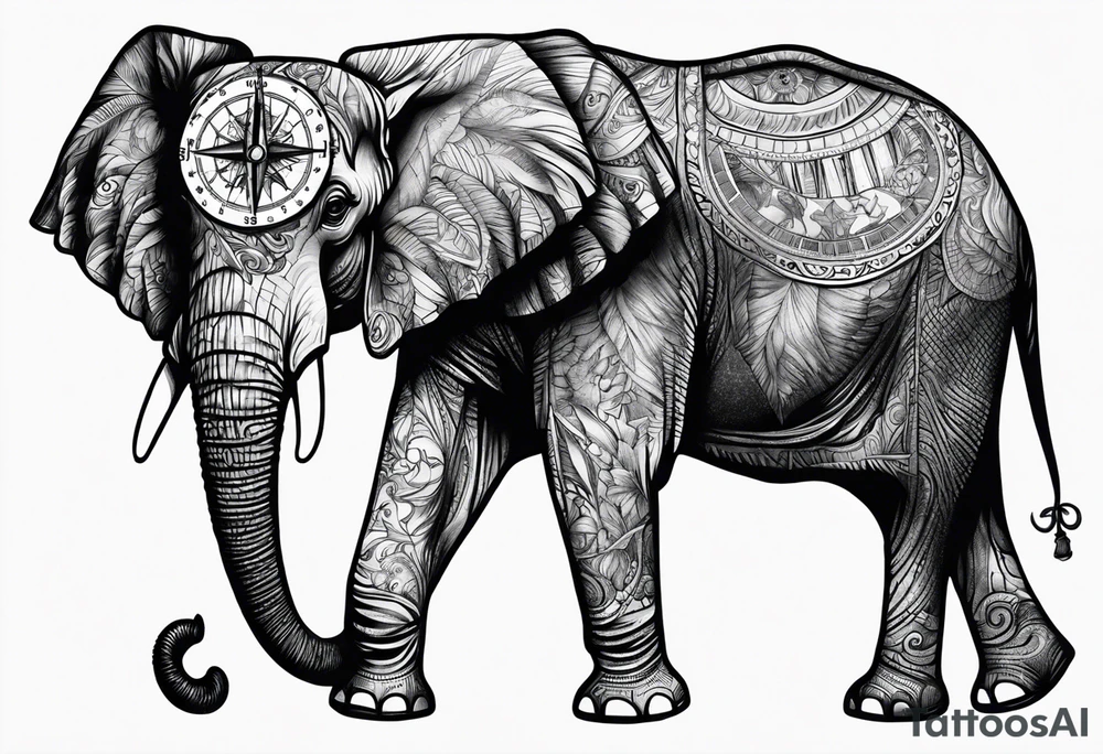 Compass held by an elephant tattoo idea