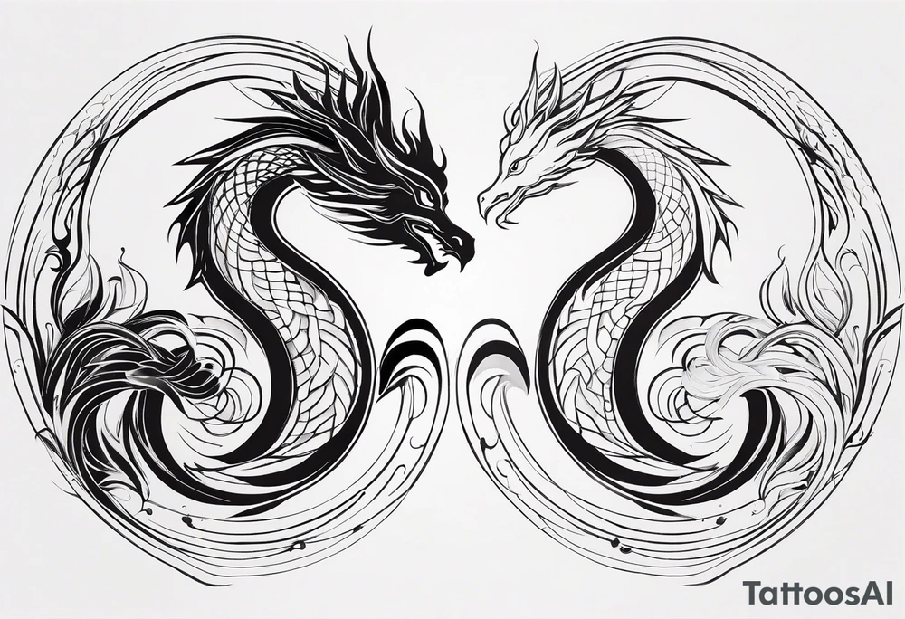 For a Gen Z-inspired dragon and phoenix tattoo, think of a clean, minimalist design that combines symbolism with bold, sleek lines. Imagine a dragon and phoenix spiraling together in a yin-yang-inspired layout. The dragon has a slightly abstract, modern shape, with sharp, flowing lines to show power, resilience, and wisdom, while the phoenix is rendered with sweeping curves and minimal detailing, symbolizing rebirth, growth, and transformation.

Both creatures should interact in a harmonious way, representing balance and duality. To keep it meaningful, focus on line work rather than intricate shading—clear, open spaces allow the tattoo to feel light and energetic. Adding small symbols, like stars or a faint galaxy backdrop, can enhance the "rising from ashes" and "strength through challenge" themes. This design will appeal timelessly while resonating with Gen Z’s love for symbolism and simplicity. tattoo idea