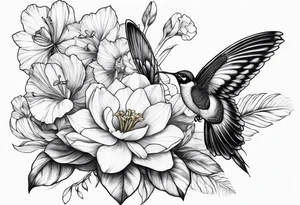 Peacock feather, butterfly, narcissus flower and hummingbird tattoo idea