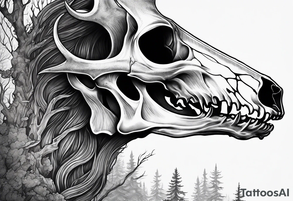A side view of a frightening horror DECAYING deer skull JUST BONE surrounded by a forest fire in background tattoo idea