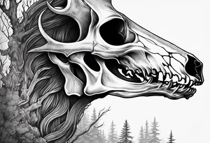 A side view of a frightening horror DECAYING deer skull JUST BONE surrounded by a forest fire in background tattoo idea