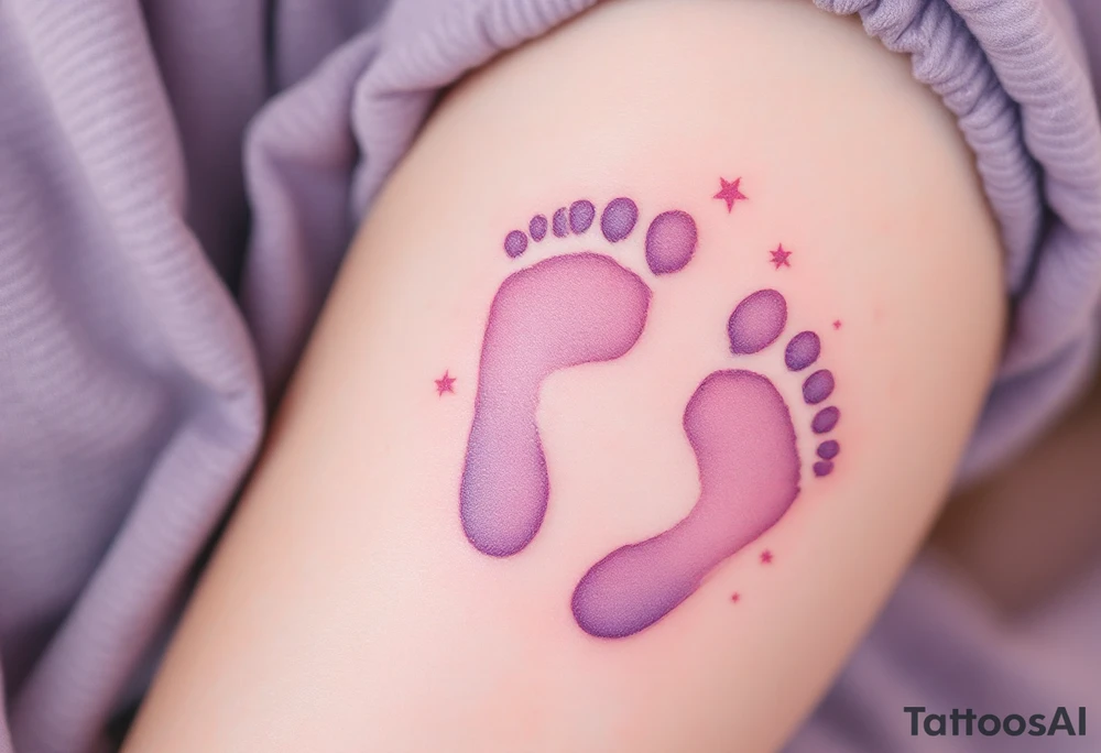 Pink and soft purple footprints of little Eli, with delicate stars around the prints to represent her innocence and joy. tattoo idea