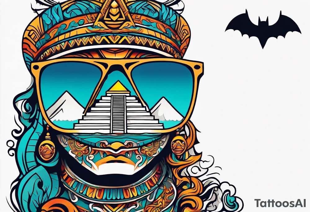 Colorful ancient Mayan hieroglyph wearing sunglasses reflecting Chichen itza and bats. Waves. tattoo idea