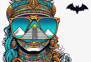 Colorful ancient Mayan hieroglyph wearing sunglasses reflecting Chichen itza and bats. Waves. tattoo idea