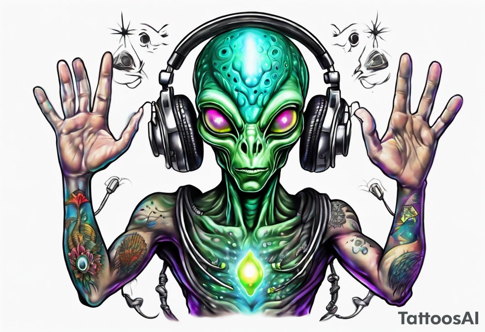 An alien DJ with a glowing pineal gland tattoo idea