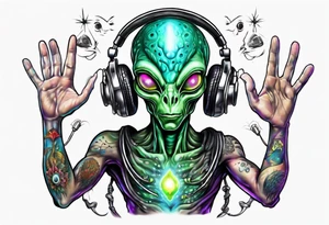 An alien DJ with a glowing pineal gland tattoo idea