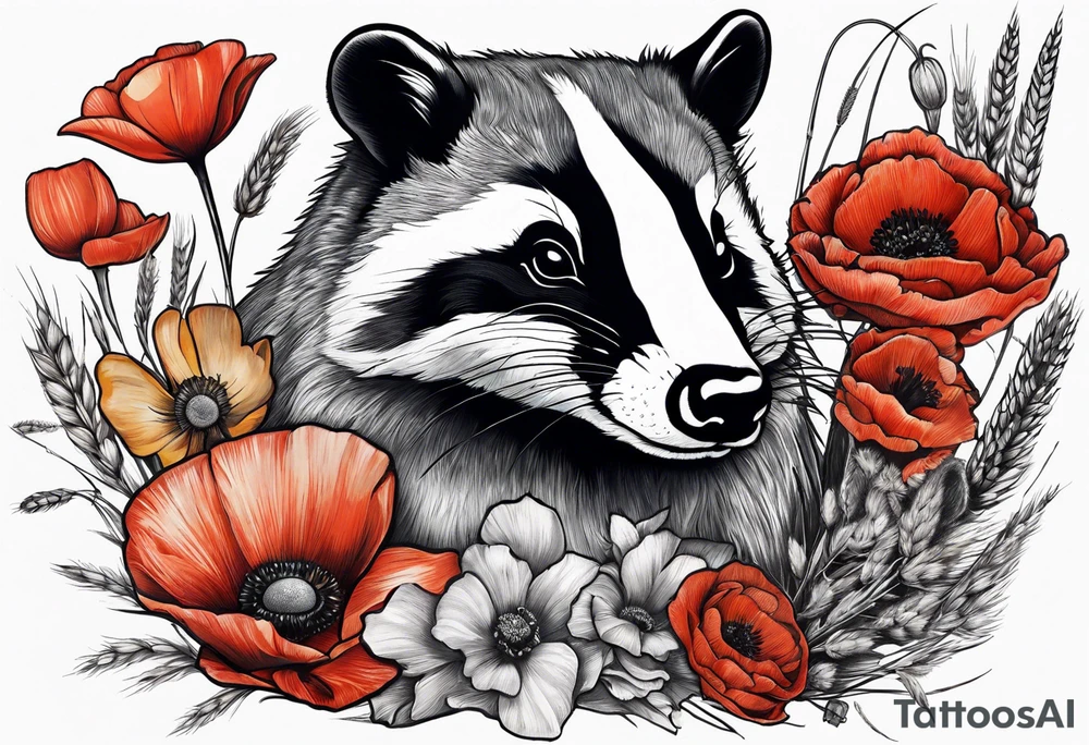 A British wildlife sleeve, with a badger, squirrel, falcon and field mice with poppys and wheat tattoo idea