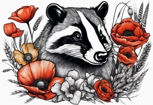 A British wildlife sleeve, with a badger, squirrel, falcon and field mice with poppys and wheat tattoo idea