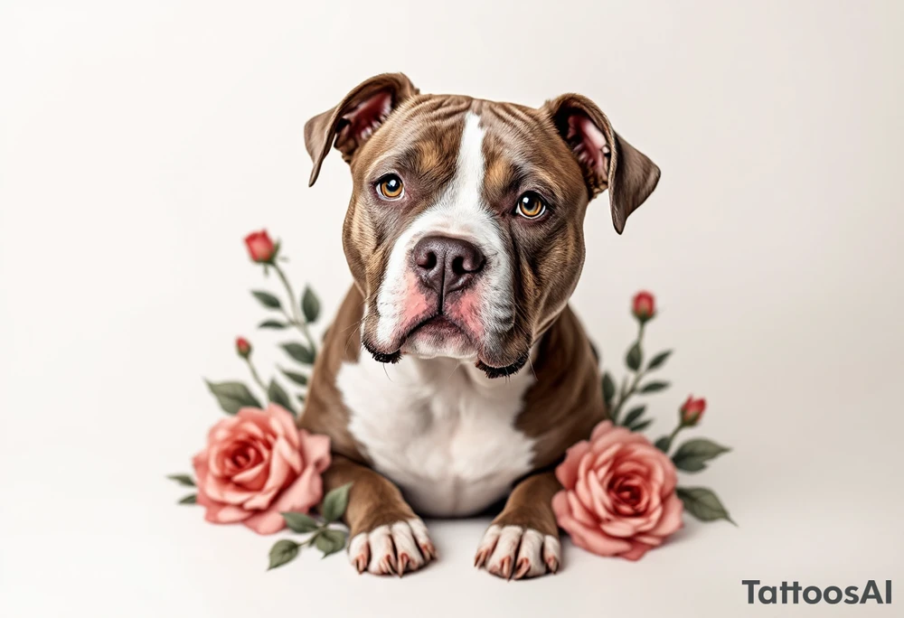 Brown and white pitbull with kind eyes, sitting calmly, surrounded by roses in muted red and soft green leaves, gentle realism. tattoo idea