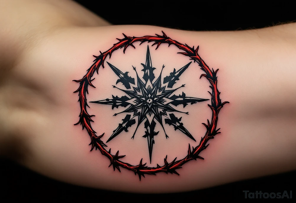 A black protective sigil on parchment-toned skin, encased in a circle of red thorns. tattoo idea